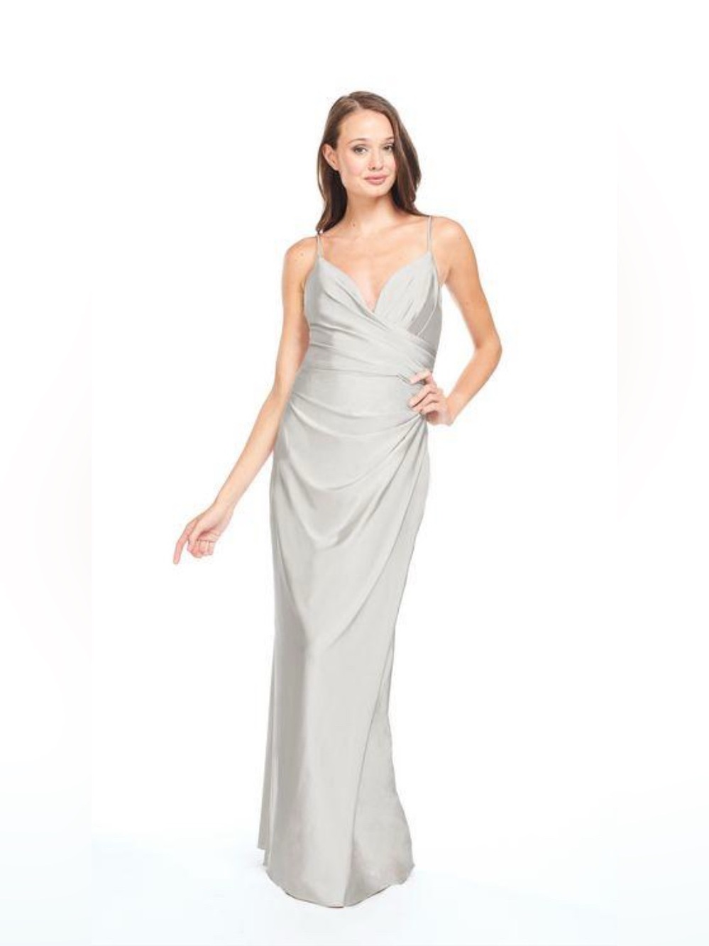 Bari Jay Silver Strapless-Look Draped Evening Gown